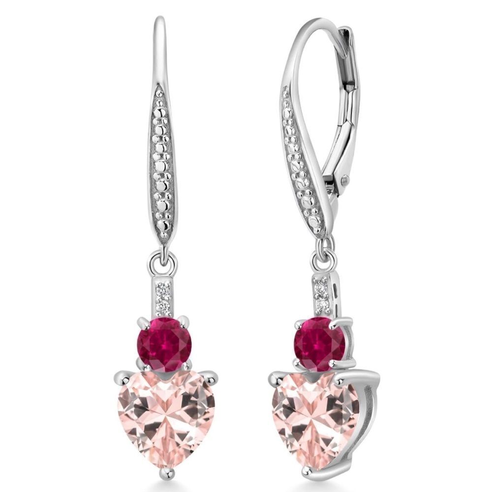 925 Sterling Silver with 3.03 Cttw Peach Morganite and Ruby Heart Drop Earrings